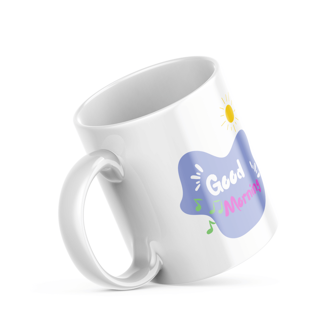 Two ceramic mugs side by side; one with a colorful sketch of headphones and musical notes, and the other with a 'Good Morning' message and a sun icon.
