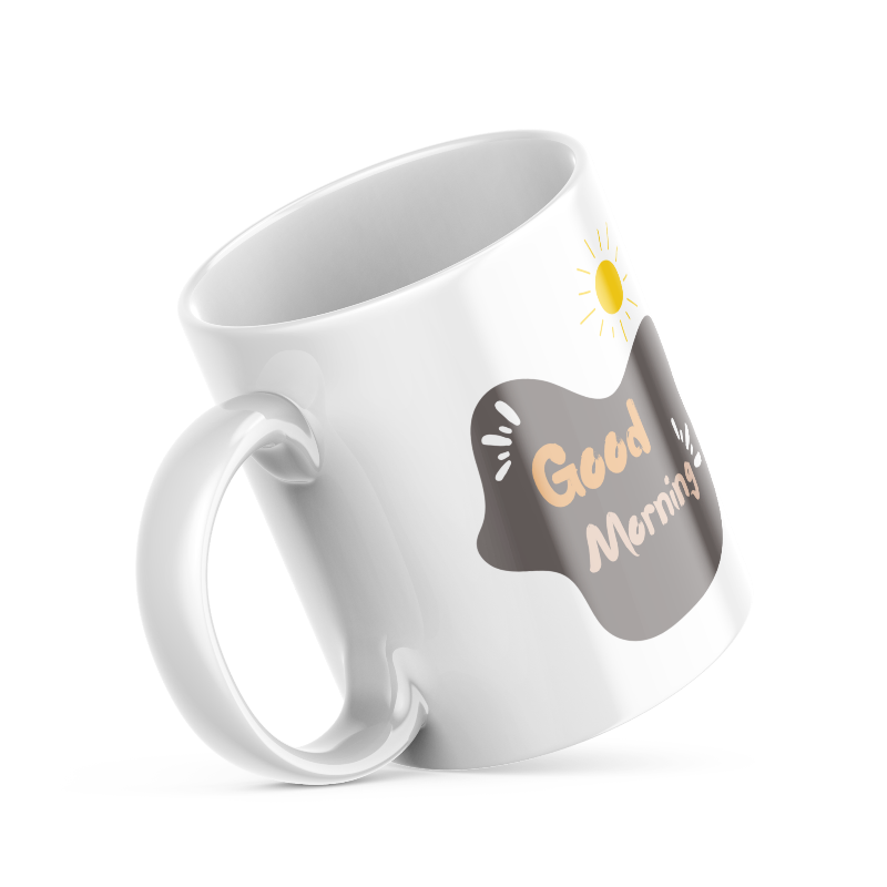 Ceramic mug with 3 smiling cartoon cats and sun design