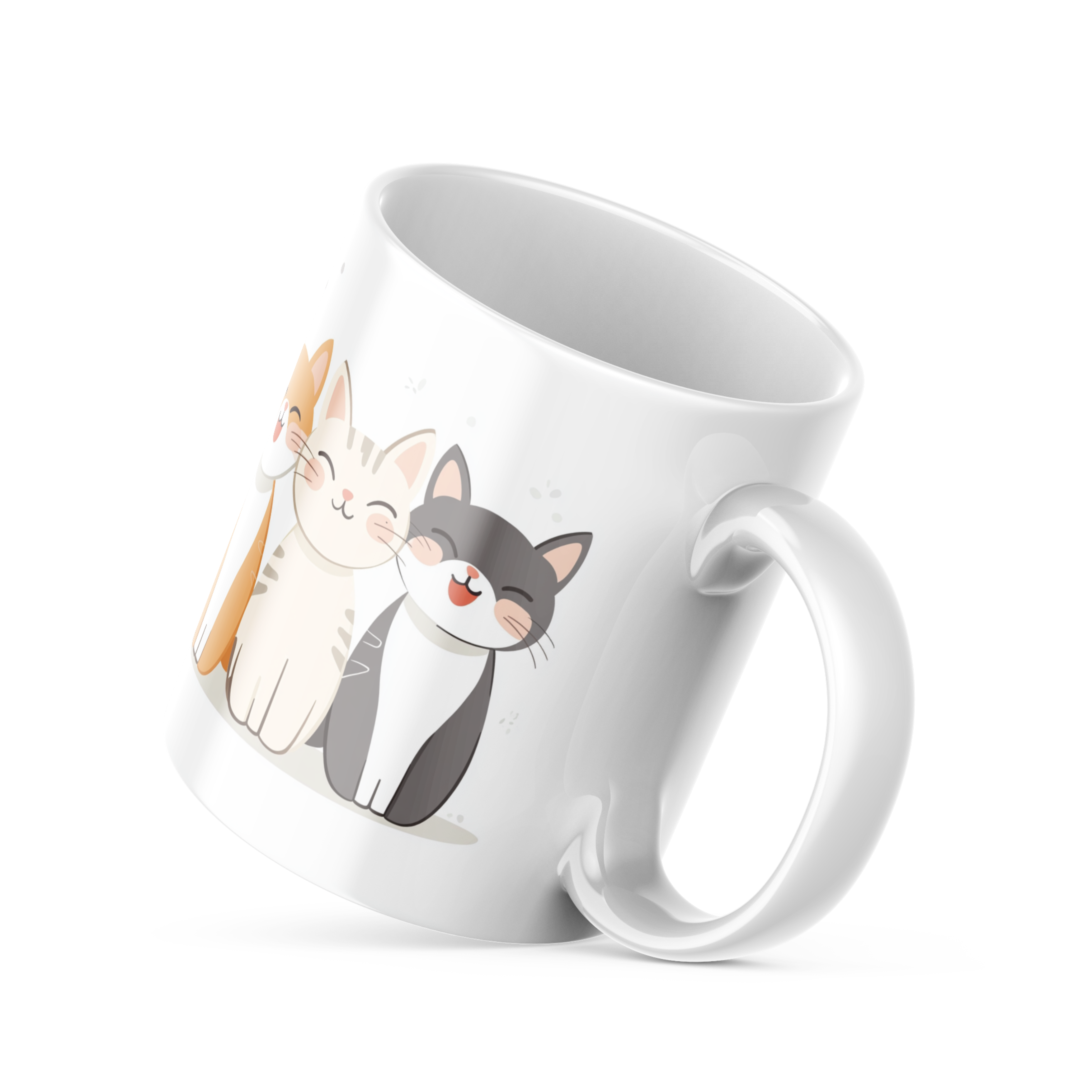 Ceramic mug with 3 smiling cartoon cats and sun design