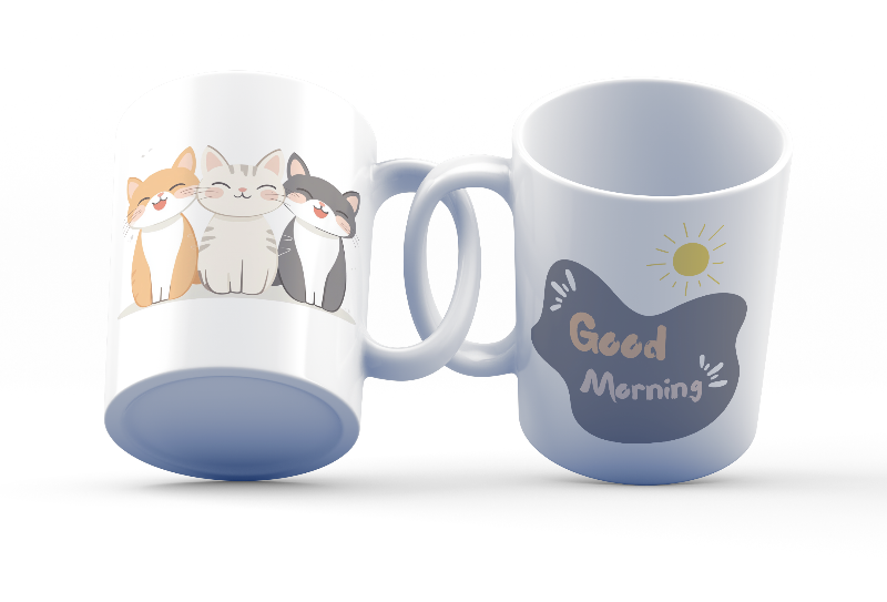 Ceramic mug with 3 smiling cartoon cats and sun design