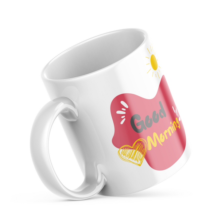 A ceramic coffee mug with a double-sided design featuring a heart pattern on one side and a 'Good Morning' message with a heart motif on the other, presented in a white background.