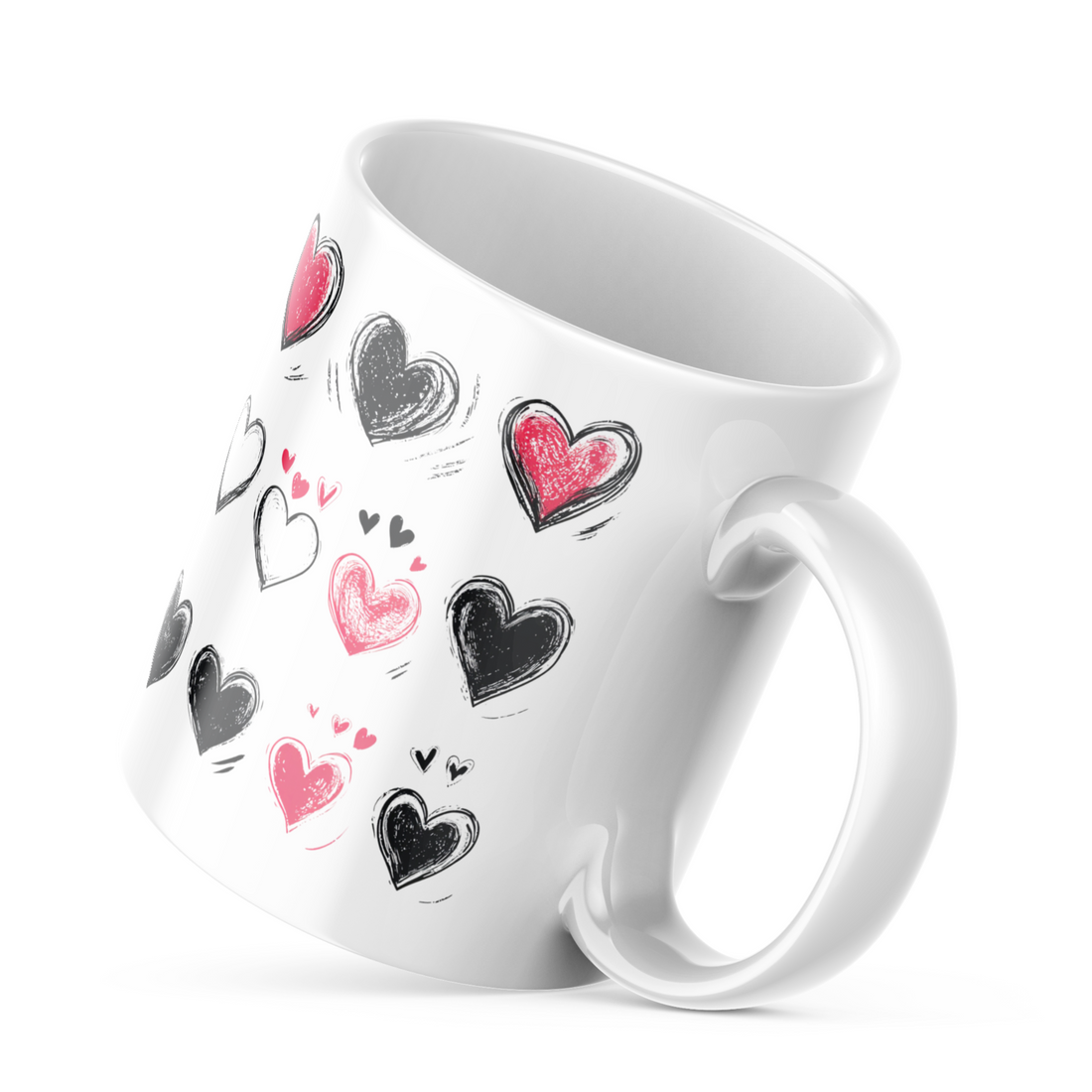 A ceramic coffee mug with a double-sided design featuring a heart pattern on one side and a 'Good Morning' message with a heart motif on the other, presented in a white background.
