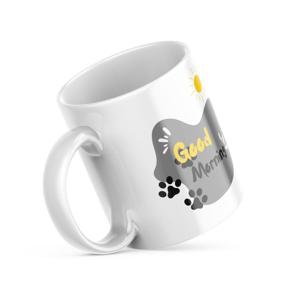 Two ceramic coffee mugs, one with a cat face illustration and 'Good Morning' text, the other with a sun design and 'Good Morning' text. Both have white interiors.