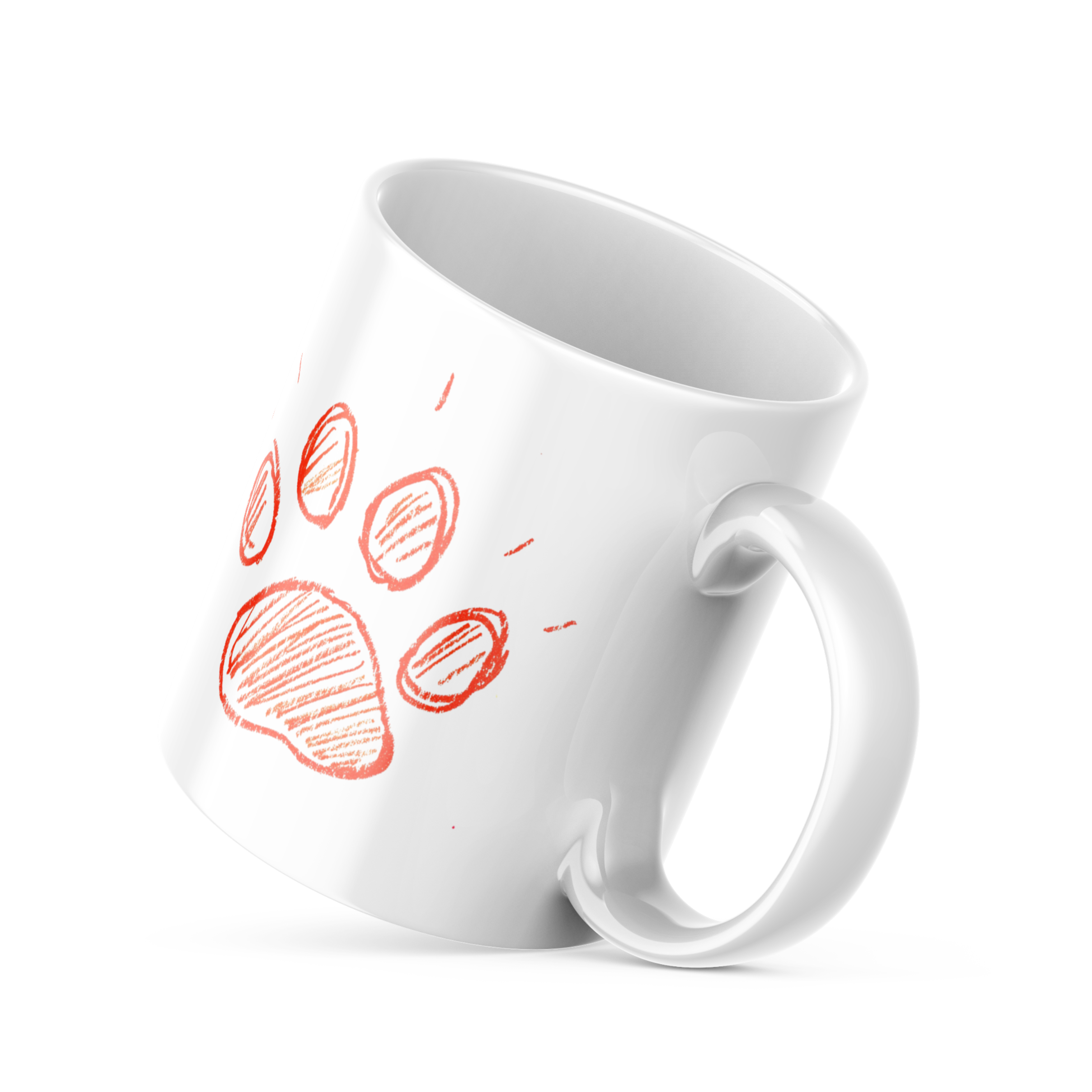 A double-sided ceramic coffee mug with an orange paw print design and 'Good Morning' message on one side, and a plain background on the other.
