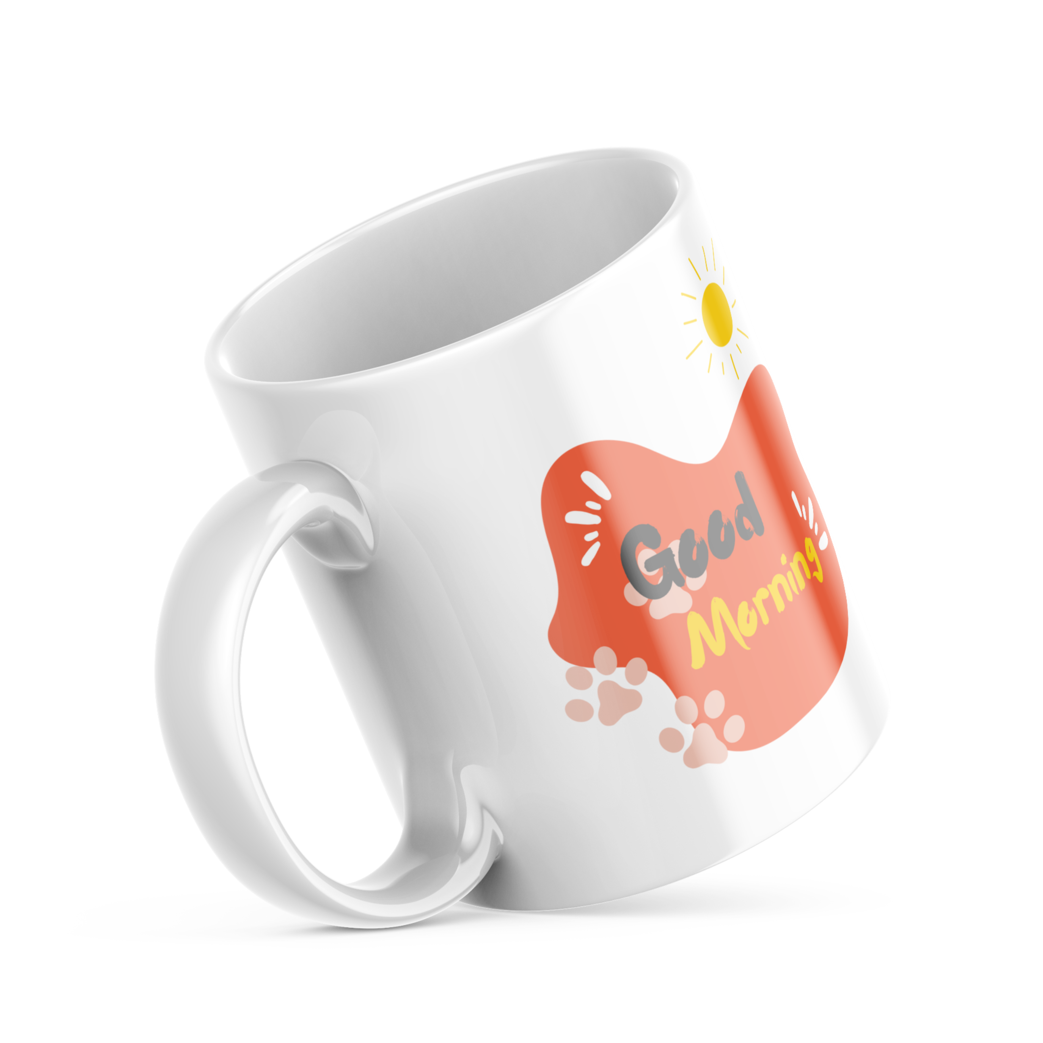 A double-sided ceramic coffee mug with an orange paw print design and 'Good Morning' message on one side, and a plain background on the other.