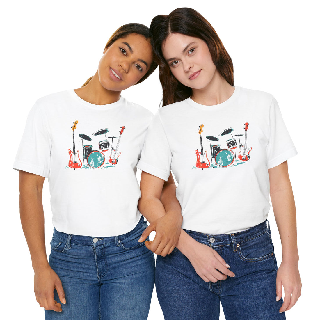 Band Instruments T-Shirt | White Cotton Tee with Colorful Drums and Guitars Design | Stylish and Comfortable Unisex Shirt