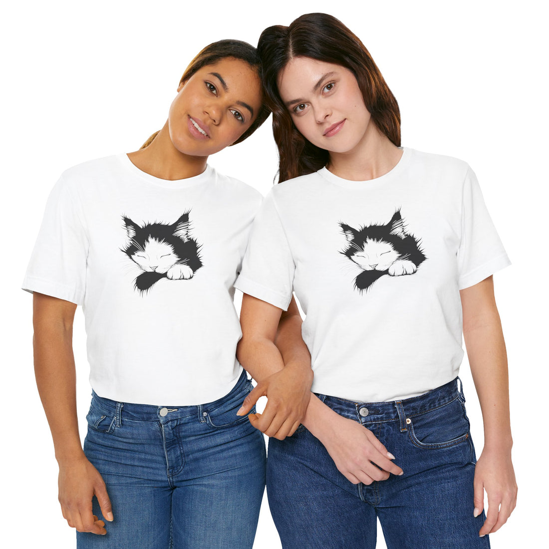 Sleeping Cat T-Shirt | White Cotton Tee with Black and White Cat Design | Comfortable and Stylish Unisex Shirt for Cat Lovers