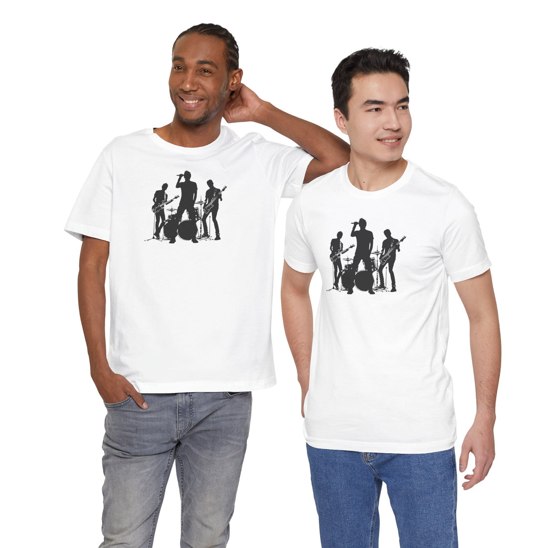 Band Silhouette T-Shirt | White Cotton Tee with Black Music Band Design | Stylish and Comfortable Unisex Shirt