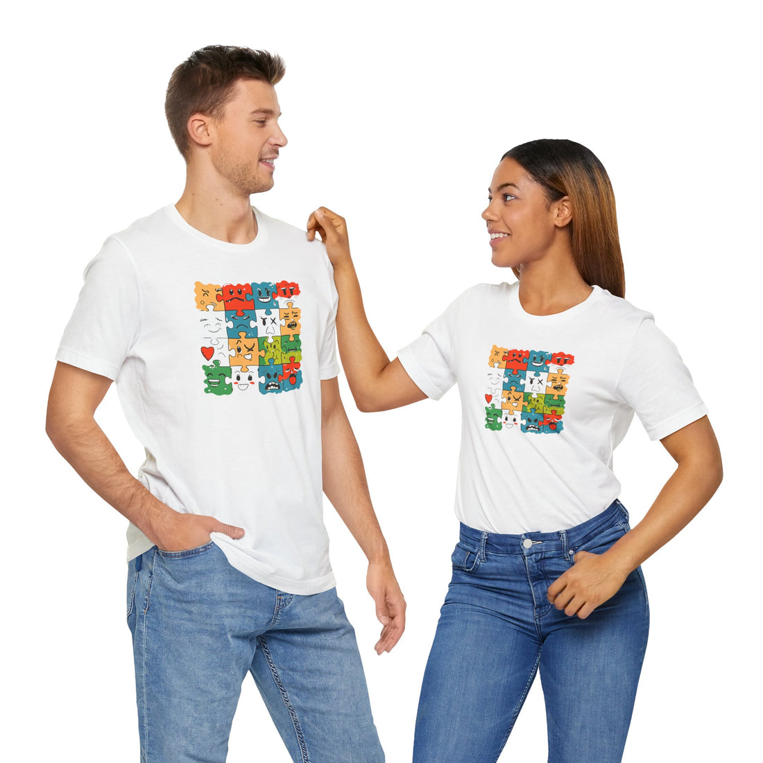 Colorful Puzzle Face Expression T-Shirt – Fun and Unique Graphic Tee for All Ages