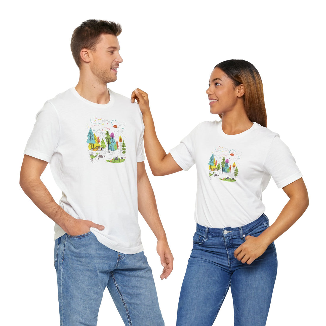 Whimsical Nature Adventure T-shirt | Colorful Doodle Mountain Design | Outdoor Enthusiast Graphic Tee