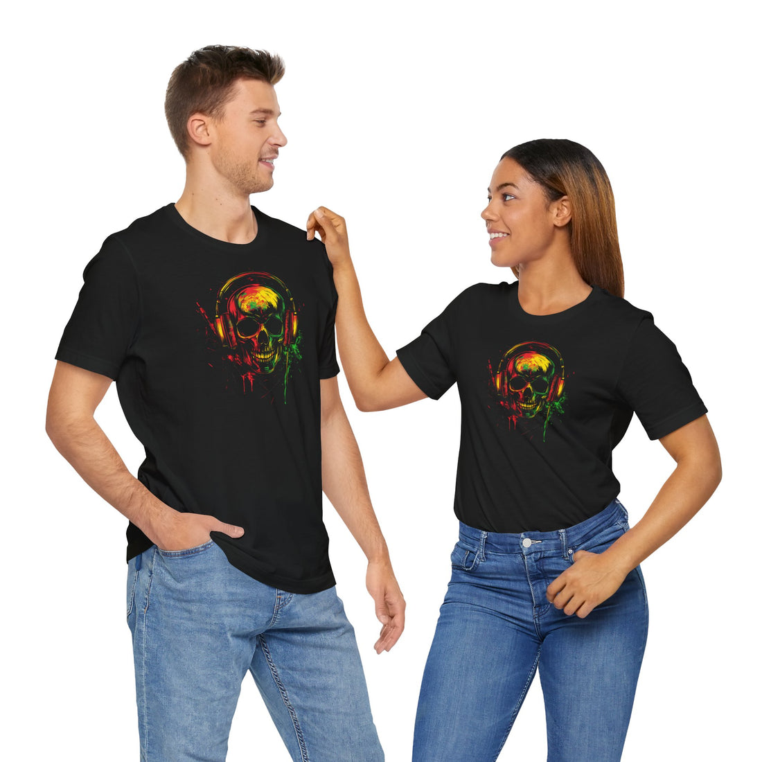 Vibrant Skull with Headphones T-Shirt | Black Cotton Unisex Tee with Colorful Skull Design | Perfect for Music and Art Lovers