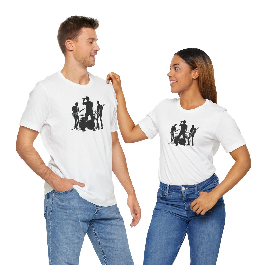 Band Silhouette T-Shirt | White Cotton Tee with Black Music Band Design | Stylish and Comfortable Unisex Shirt