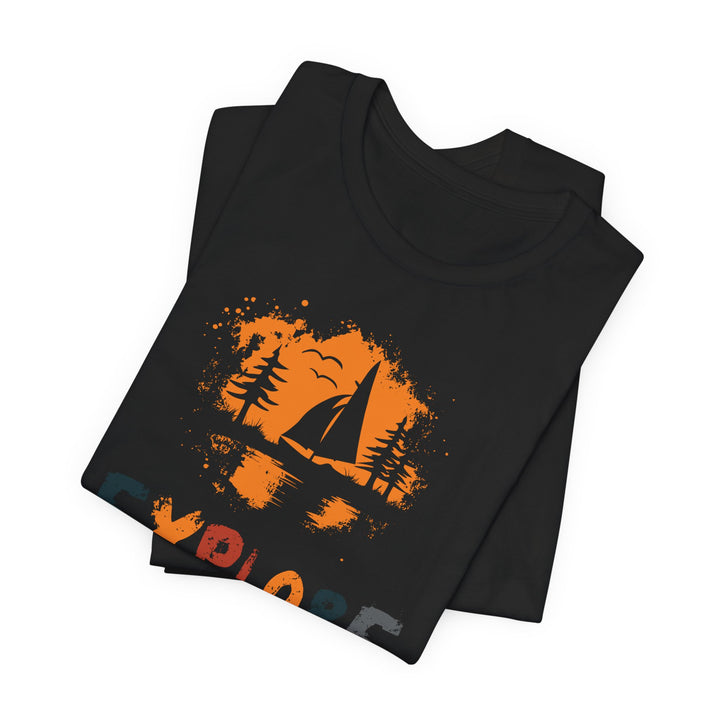 Black t-shirt with orange sailboat design on a white background