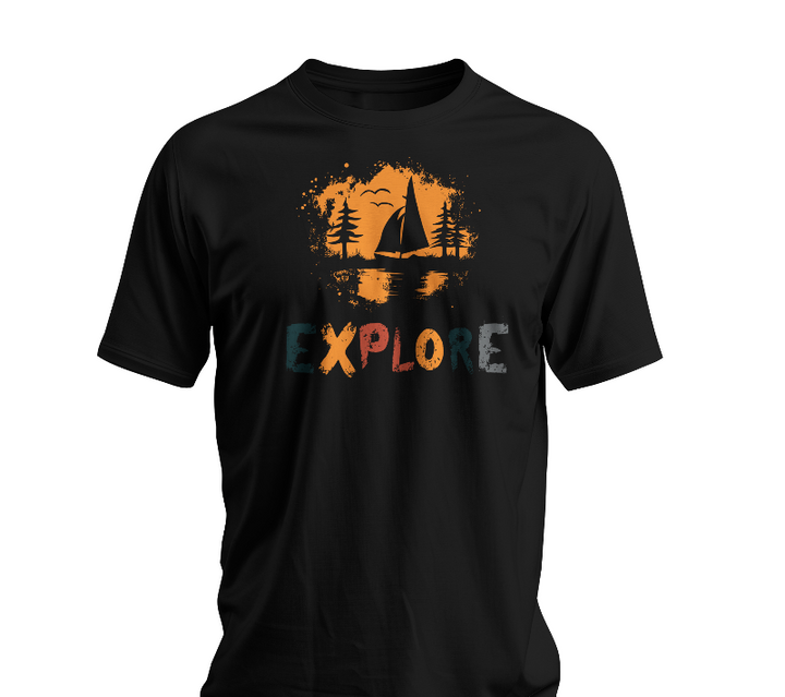Black t-shirt with 'Explore' graphic design featuring a sailboat and trees on a white background