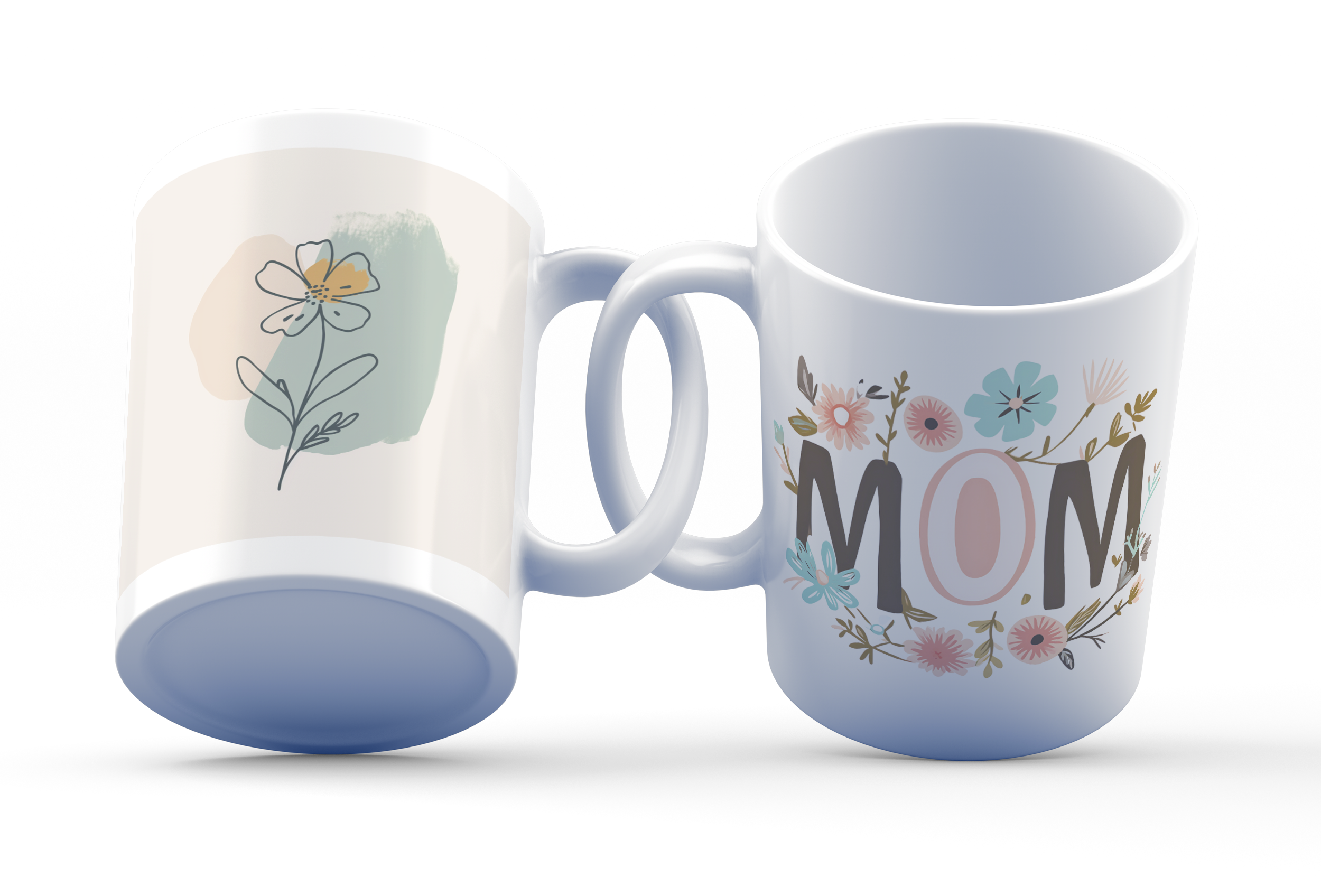 A ceramic mug with a floral design, featuring the word 'MOM' on one side and a single flower on the other, in pastel colors.