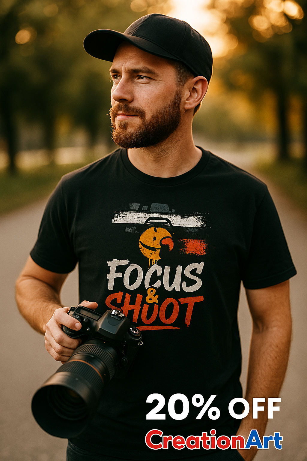 Man wearing a black t-shirt with 'Focus & Shoot' design, holding a camera outdoors.
