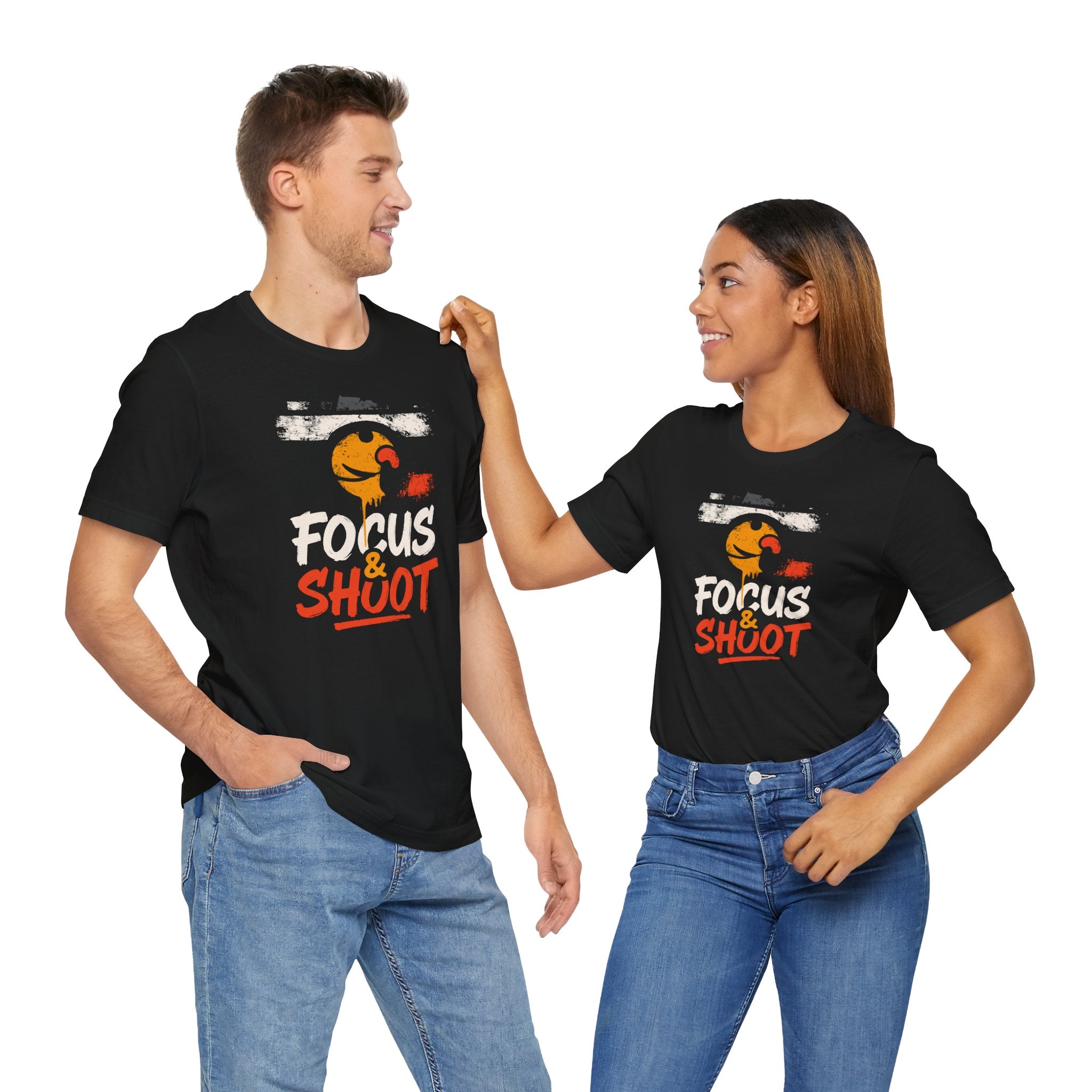 Two people wearing black t-shirts with 'Focus & Shoot' text and a graphic design.