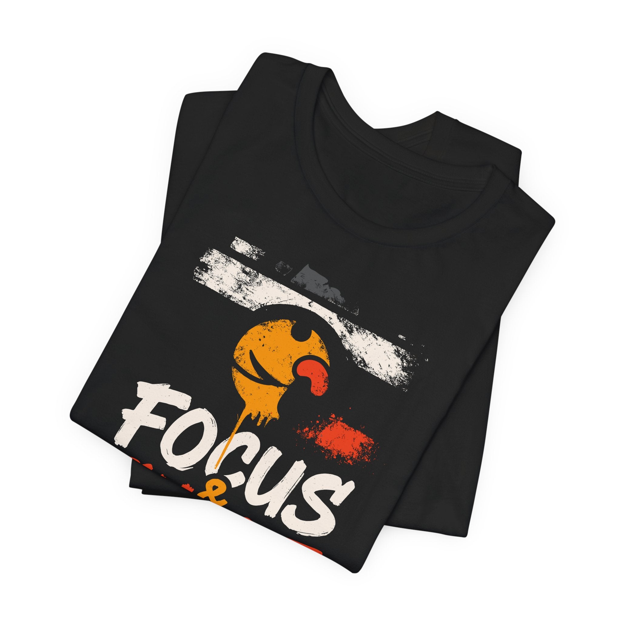 Black t-shirt with a graphic design and 'FOCUS' text on a white background