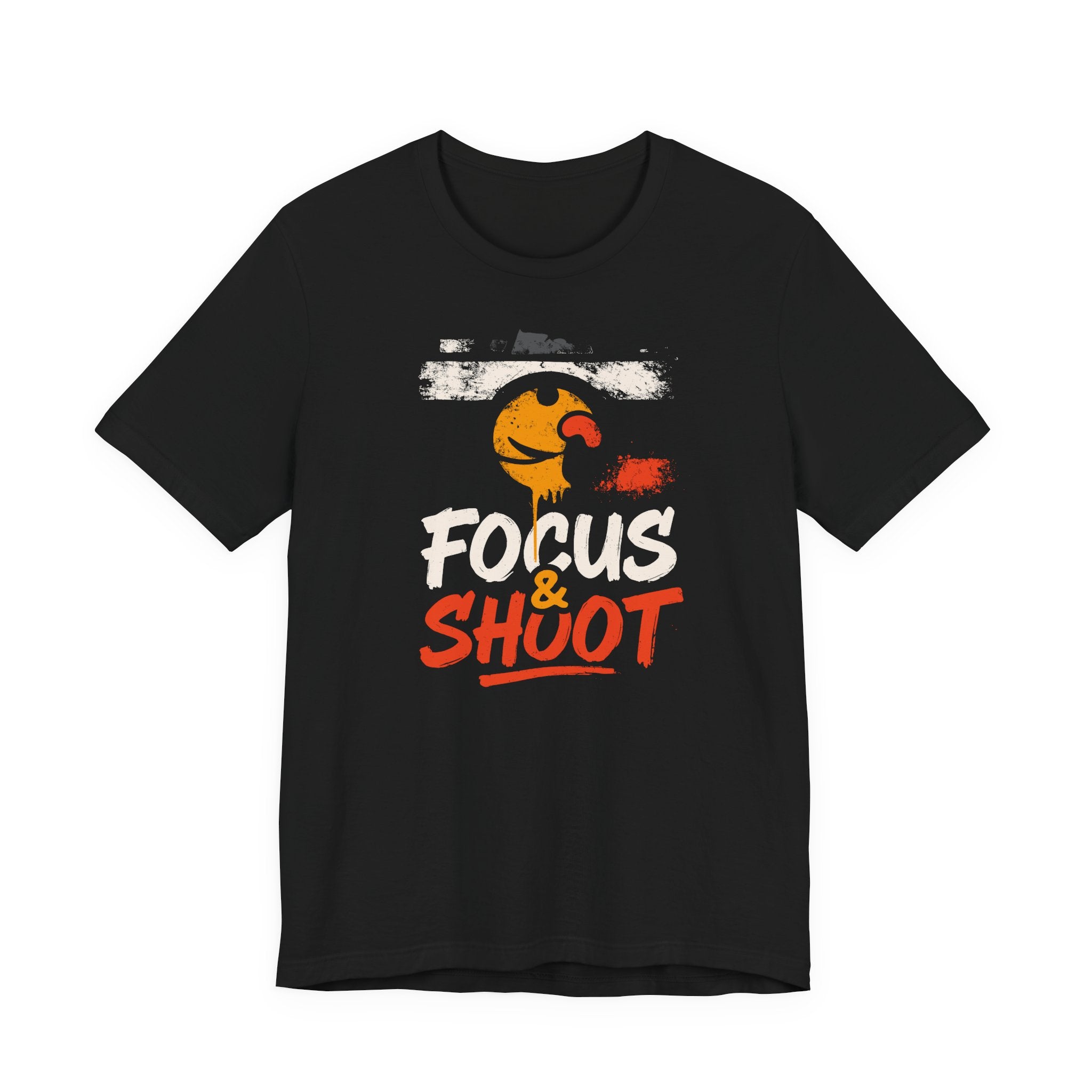 Black t-shirt with 'Focus & Shoot' graphic design on a white background