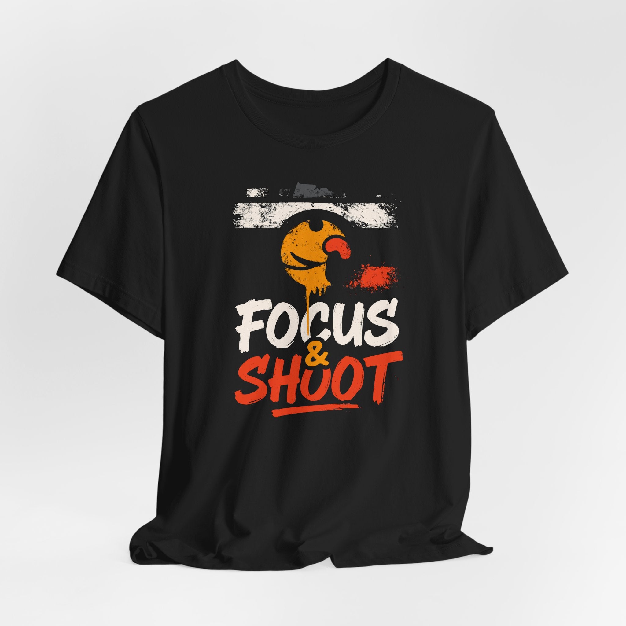 Black t-shirt with 'Focus & Shoot' graphic design on a white background