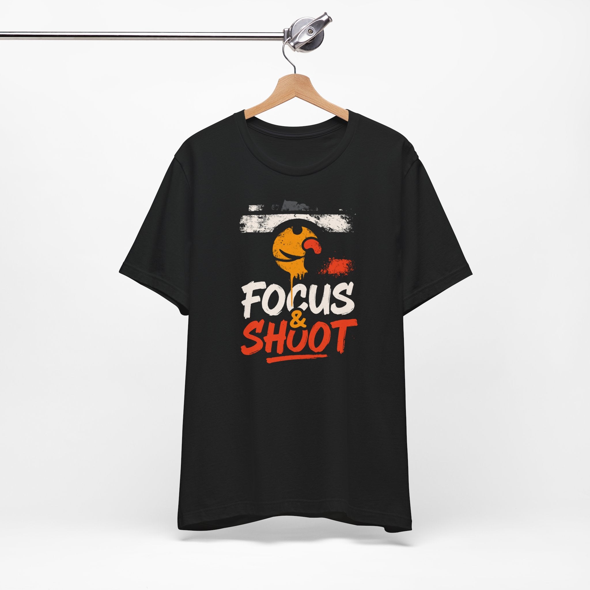 Black t-shirt with 'Focus & Shuot' graphic on a hanger against a white background