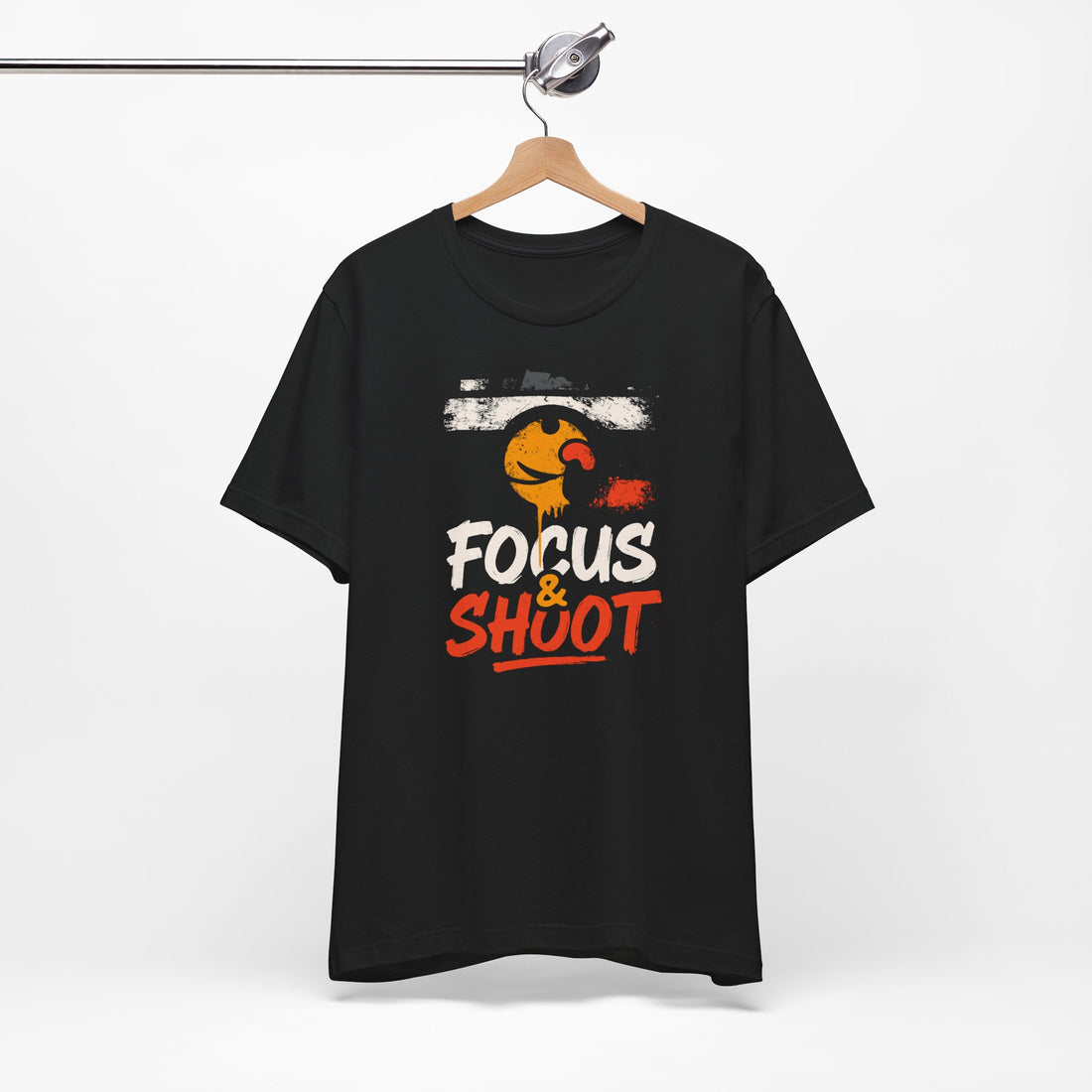 Black t-shirt with 'Focus & Shuot' graphic on a hanger against a white background