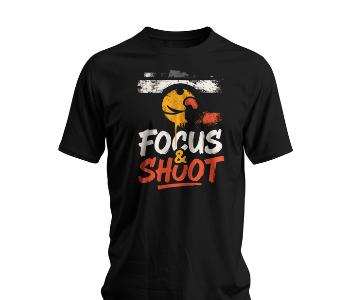 Black t-shirt with 'Focus & Shoot' graphic design on a white background