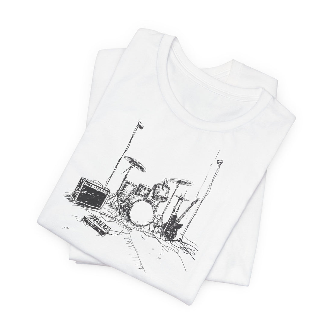 Musical Instruments Line Art T-Shirt | White Cotton Tee with Drum Set and Guitar Sketch Design | Stylish and Comfortable Unisex Shirt