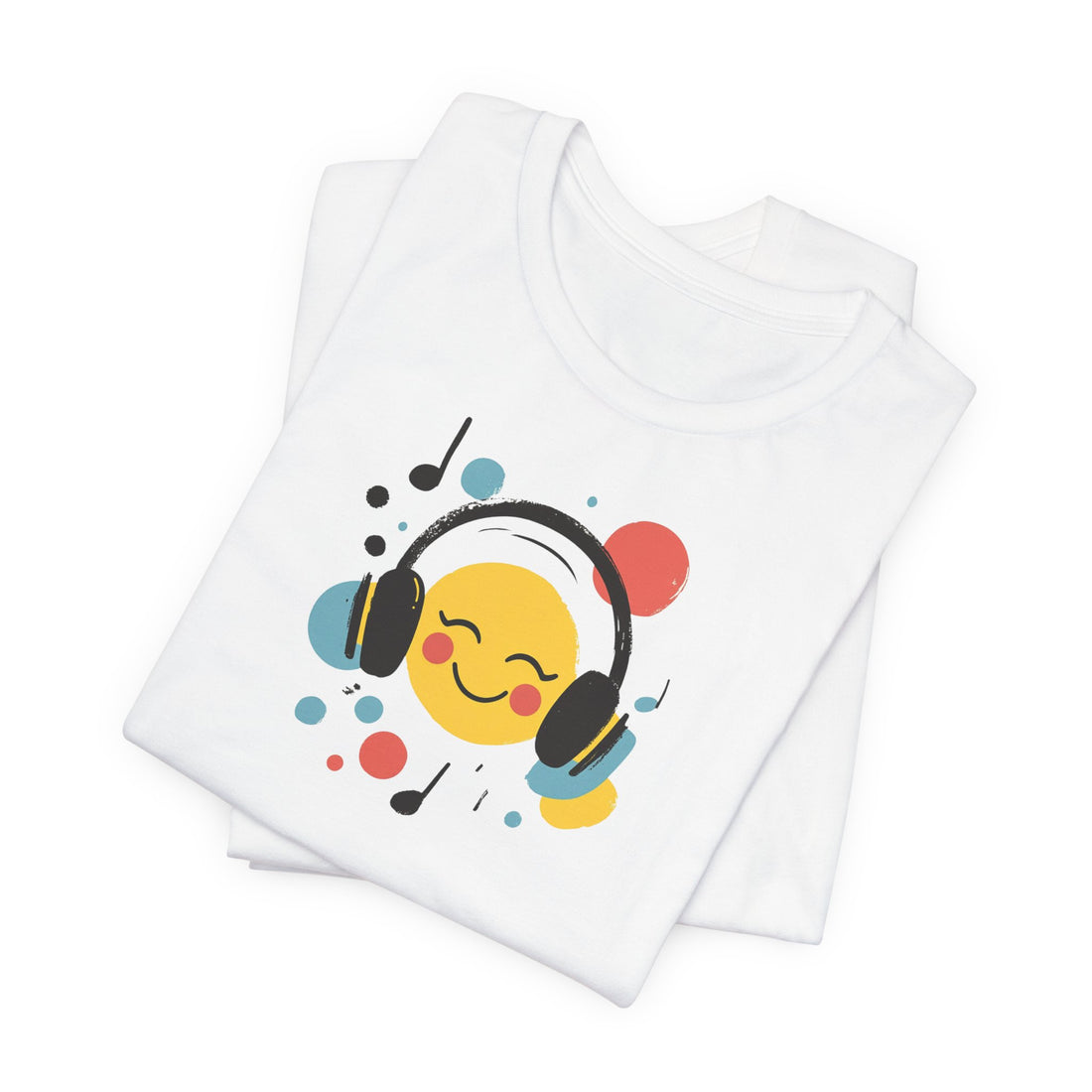 Smiley Face with Headphones T-Shirt | White Cotton Tee with Fun Music Emoji Design | Stylish and Comfortable Unisex Shirt