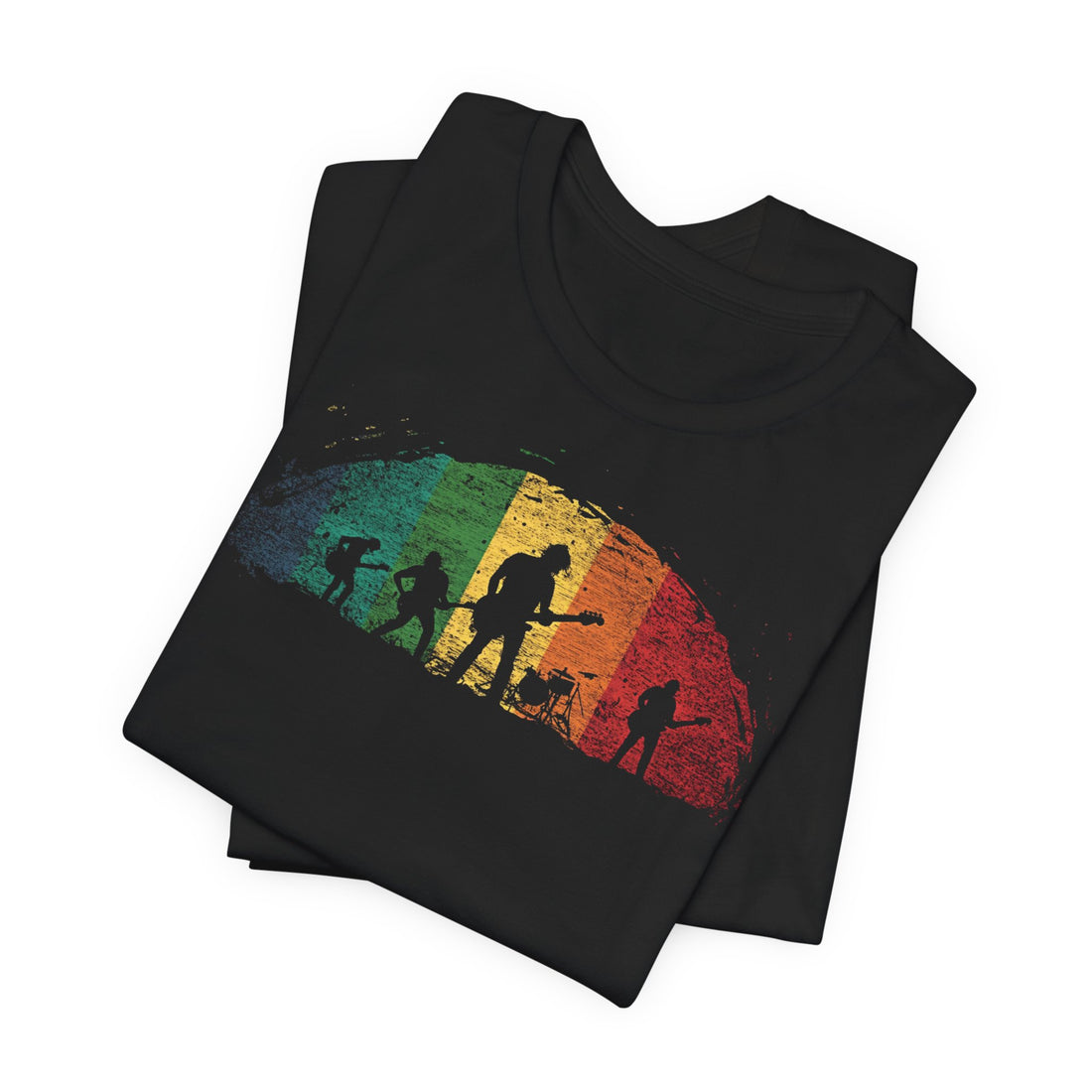 Retro Band Silhouette T-Shirt | Black Cotton Unisex Tee with Rainbow Music Design | Perfect for Concerts & Music Enthusiasts