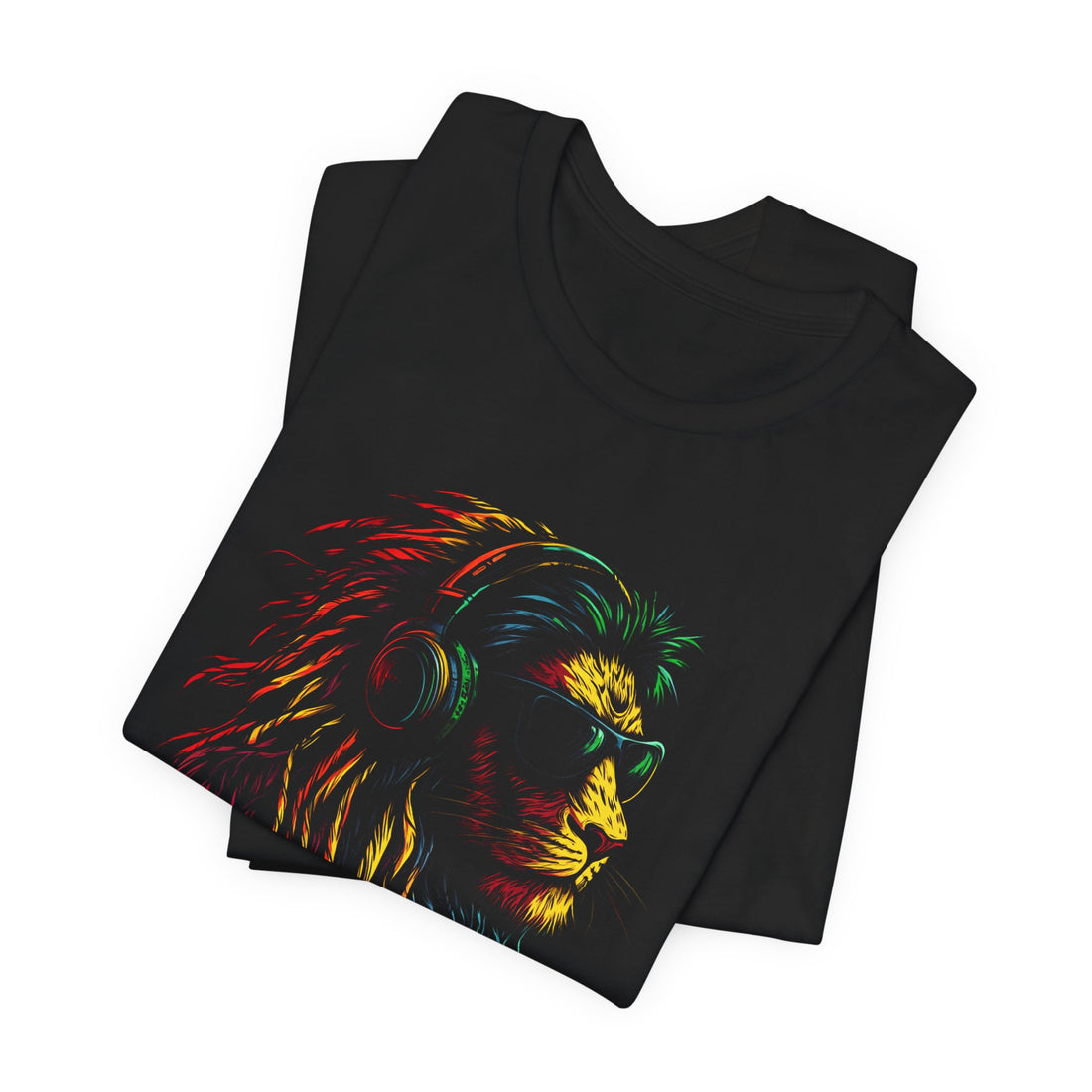 Lion Graphic T-Shirt | Black Lion Tee with Headphones and Sunglasses | Colorful Lion Design for Music and Animal Lovers | Cotton Graphic Tee for Men and Women | Casual Stylish Unisex Shirt