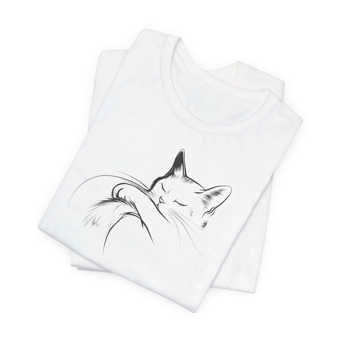 Sleeping Cat Line Art T-Shirt | White Cotton Tee with Minimalist Cat Design | Stylish and Comfortable Unisex Shirt for Cat Lovers