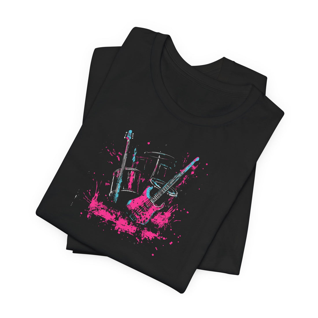 Rock Band Splatter Art T-Shirt | Black Cotton Tee with Vibrant Guitar and Drums Design | Stylish and Comfortable Unisex Shirt