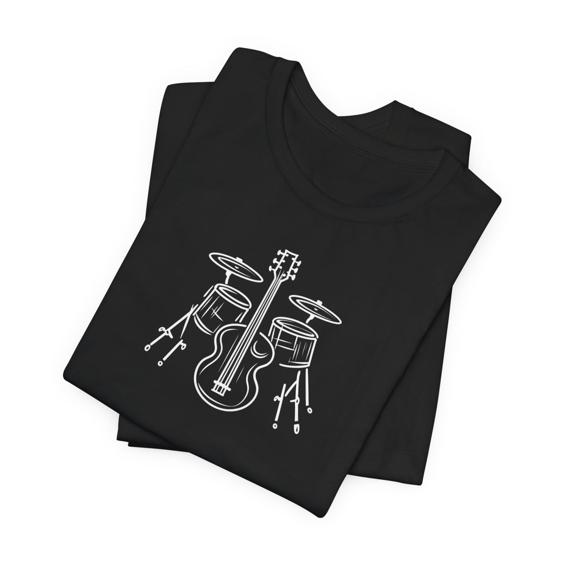 Music Instrument Line Art T-Shirt | Black Cotton Tee with Drums and Guitar Minimalist Design | Stylish and Comfortable Unisex Shirt