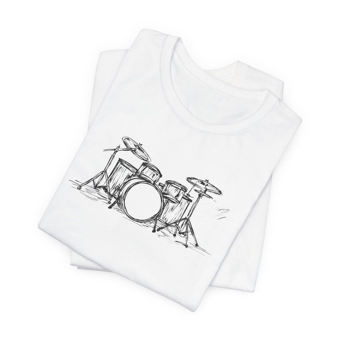 Hand-Drawn Drum Kit T-Shirt | White Cotton Unisex Tee with Artistic Music Design | Perfect for Drummers & Music Lovers