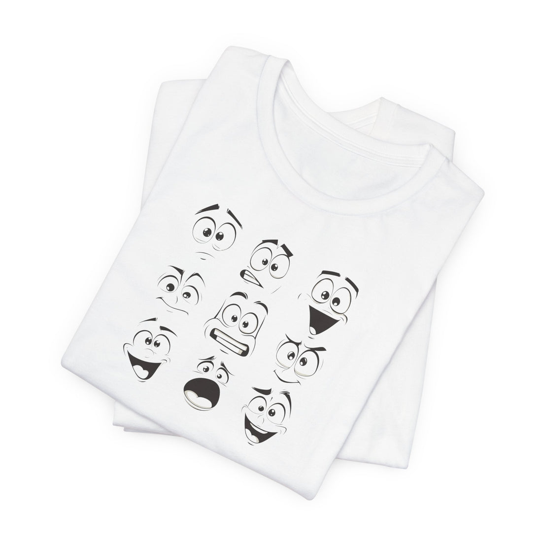 Cartoon Faces T-Shirt | White Cotton Unisex Tee with Fun Expressive Emotions Design | Perfect for Casual Wear