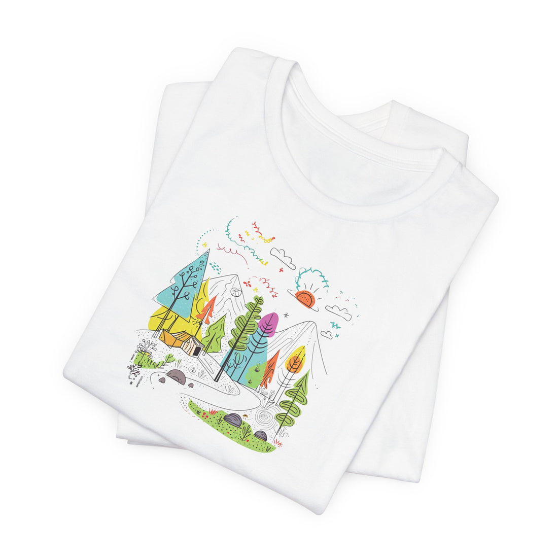 Whimsical Nature Adventure T-shirt | Colorful Doodle Mountain Design | Outdoor Enthusiast Graphic Tee