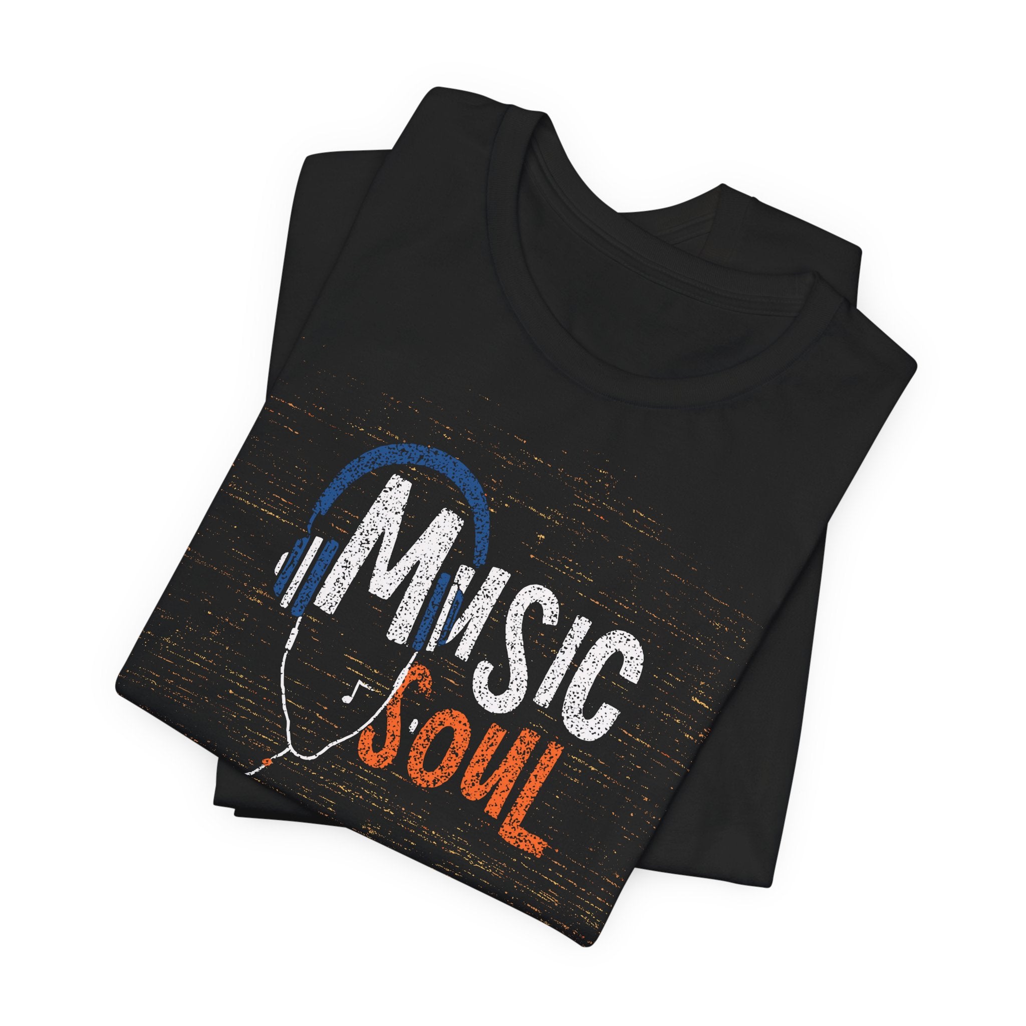 Black t-shirt with 'Music Soul' design on a white background