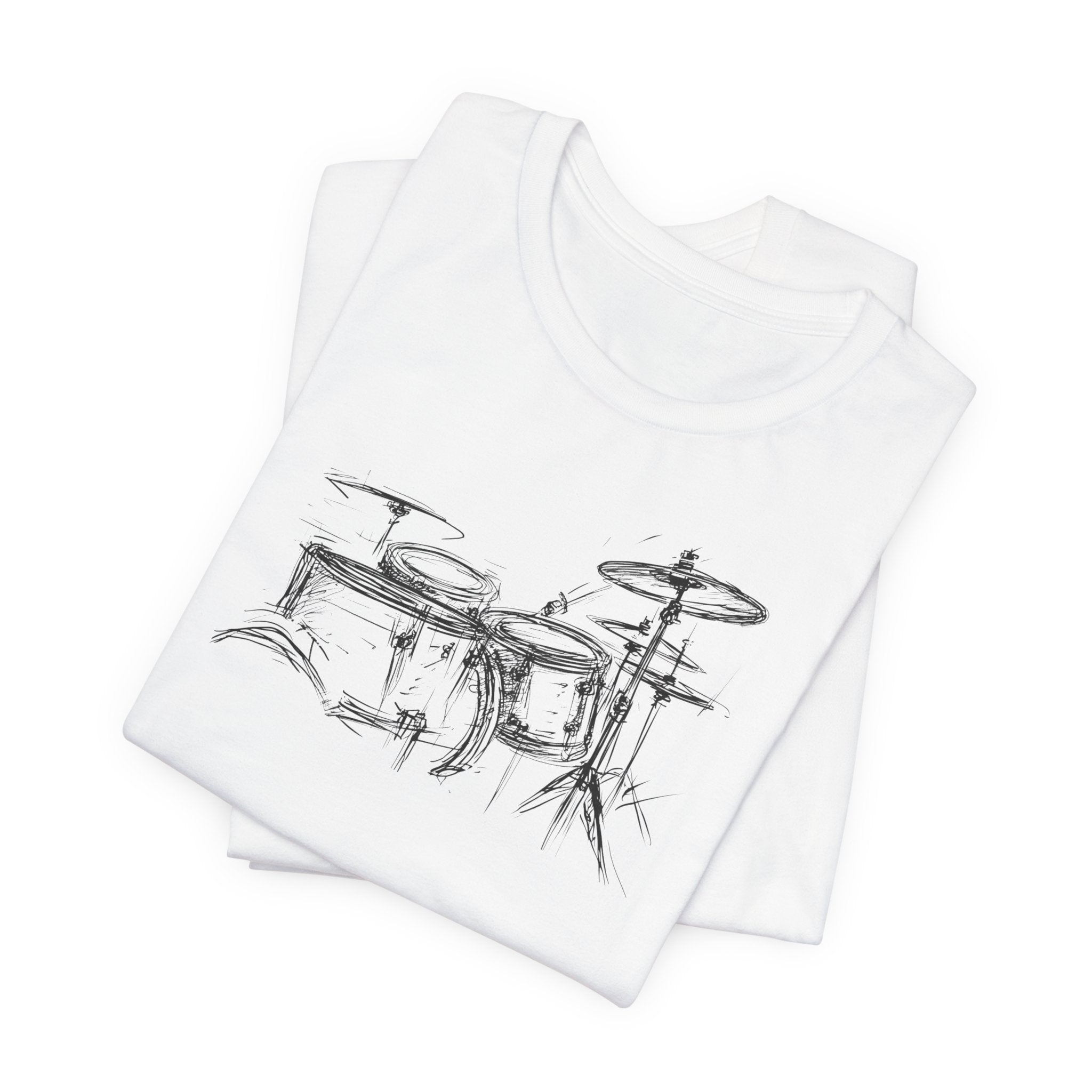 White cotton t-shirt with a hand-drawn artistic sketch of a drum kit in the center.