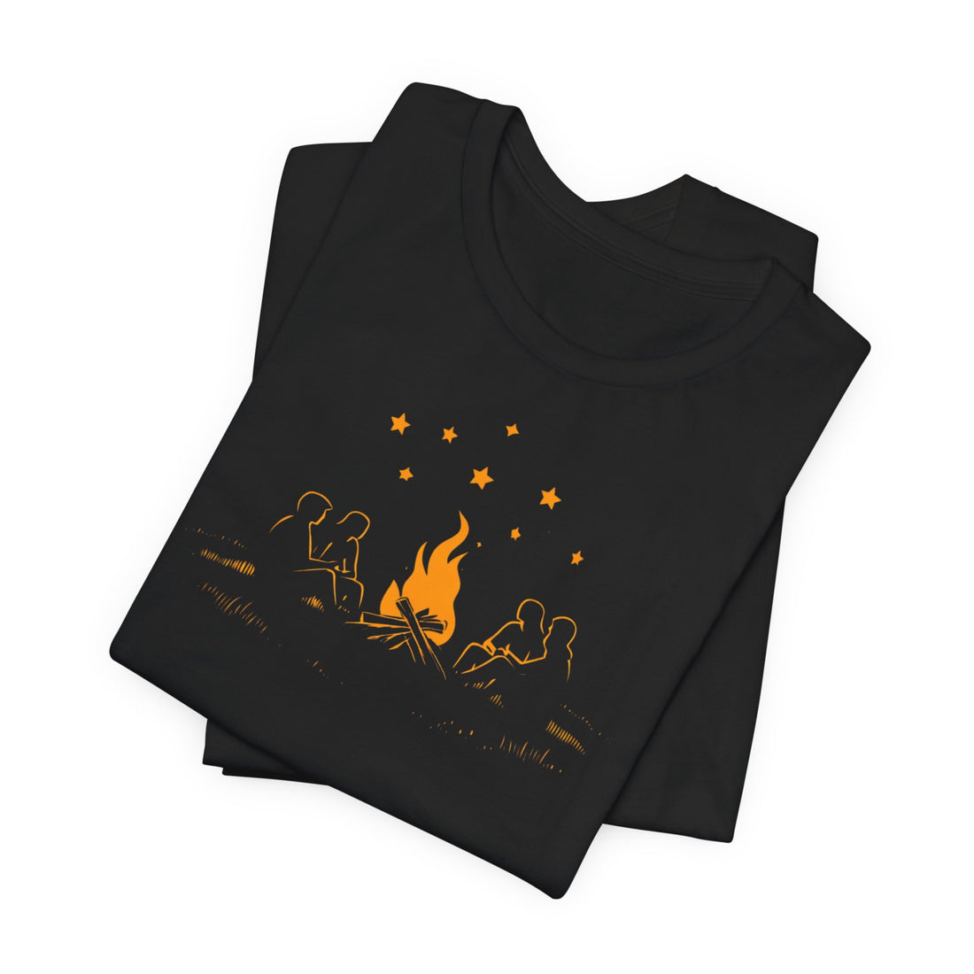 Campfire and Starry Night T-Shirt | Black Cotton Unisex Tee with Warm Bonfire Design | Perfect for Outdoor Lovers