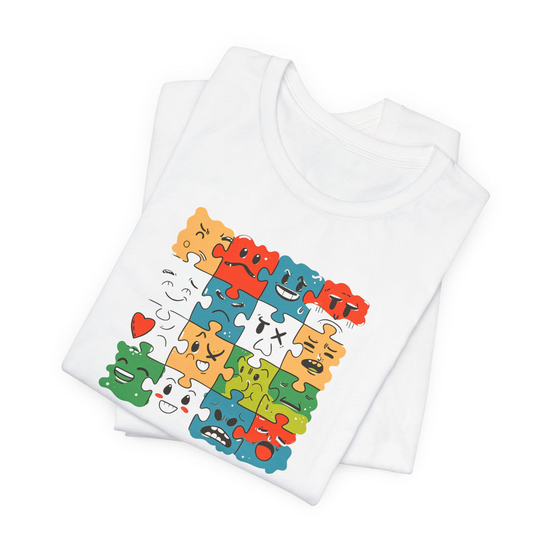 Colorful Puzzle Face Expression T-Shirt – Fun and Unique Graphic Tee for All Ages