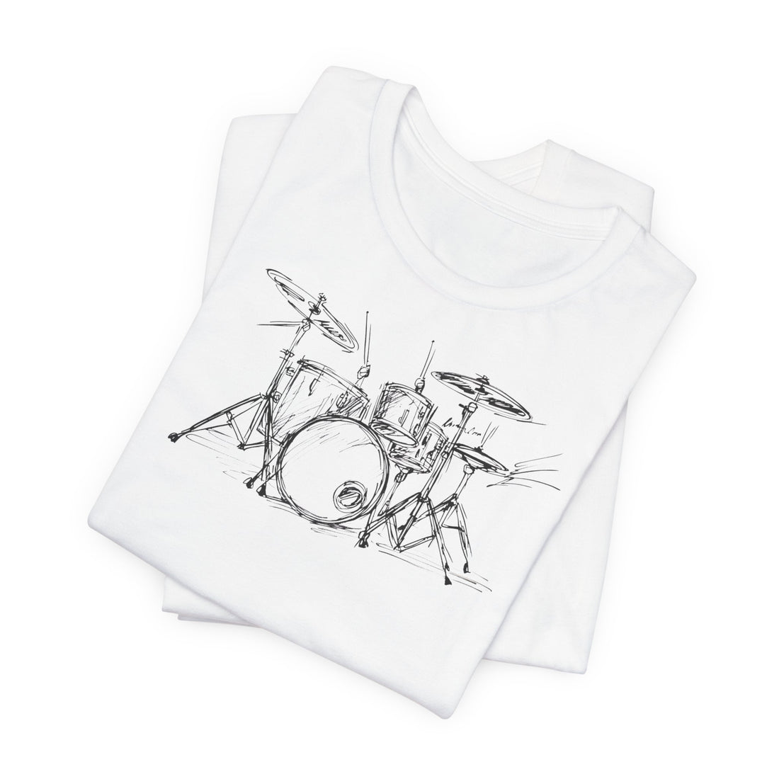 Drum Set Sketch T-Shirt | White Cotton Tee with Artistic Hand-Drawn Drum Design | Unisex Music Lover's Shirt