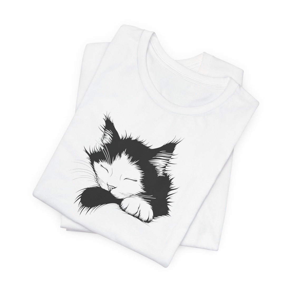 Sleeping Cat T-Shirt | White Cotton Tee with Black and White Cat Design | Comfortable and Stylish Unisex Shirt for Cat Lovers