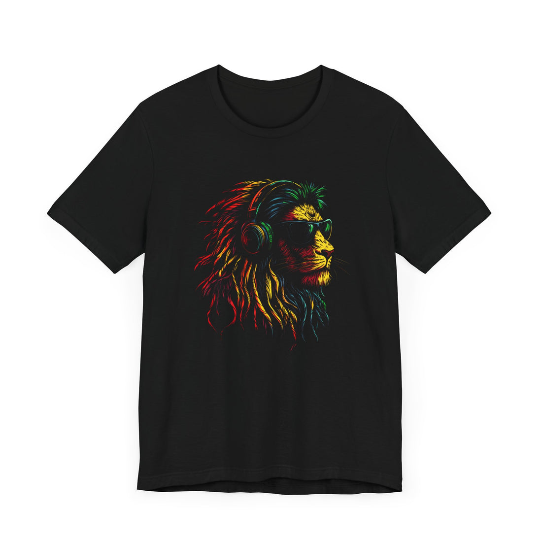 Lion Graphic T-Shirt | Black Lion Tee with Headphones and Sunglasses | Colorful Lion Design for Music and Animal Lovers | Cotton Graphic Tee for Men and Women | Casual Stylish Unisex Shirt