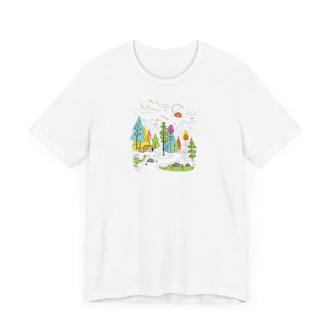 Whimsical Nature Adventure T-shirt | Colorful Doodle Mountain Design | Outdoor Enthusiast Graphic Tee