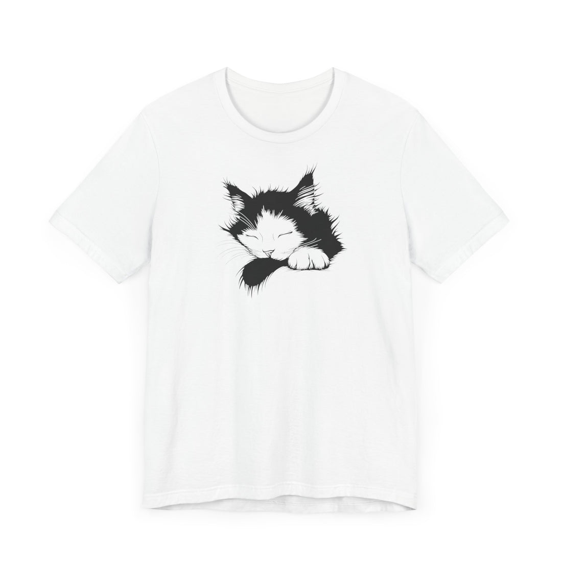 Sleeping Cat T-Shirt | White Cotton Tee with Black and White Cat Design | Comfortable and Stylish Unisex Shirt for Cat Lovers