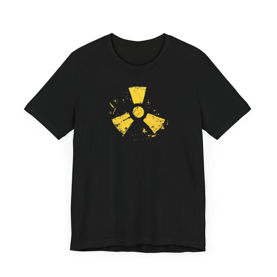 Distressed Radiation Symbol T-Shirt | Black Cotton Tee with Grunge Yellow Hazard Design | Stylish and Comfortable Unisex Shirt