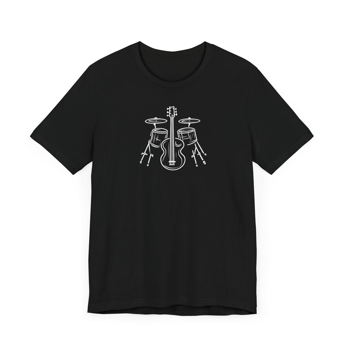 Music Instrument Line Art T-Shirt | Black Cotton Tee with Drums and Guitar Minimalist Design | Stylish and Comfortable Unisex Shirt