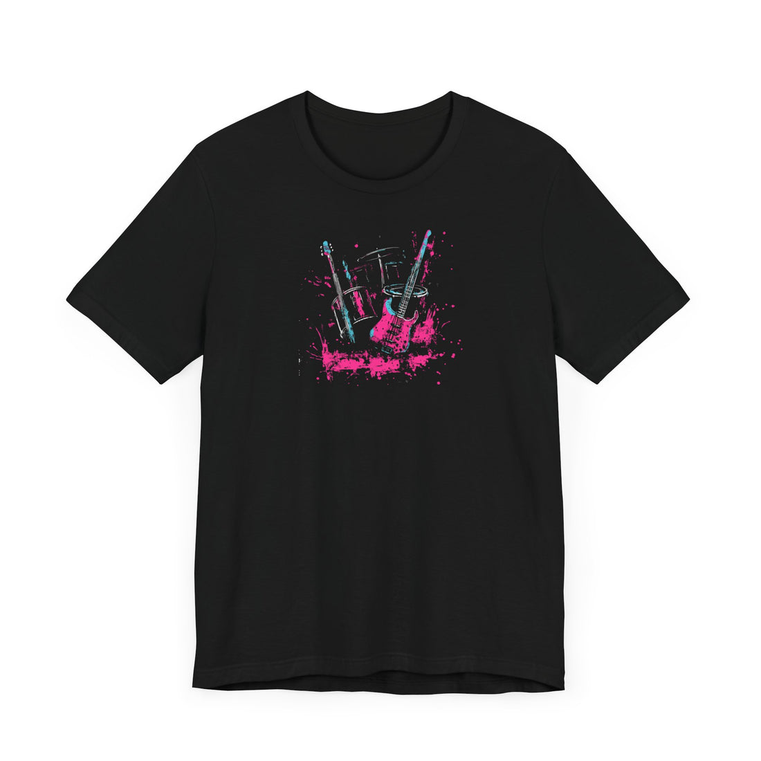 Rock Band Splatter Art T-Shirt | Black Cotton Tee with Vibrant Guitar and Drums Design | Stylish and Comfortable Unisex Shirt