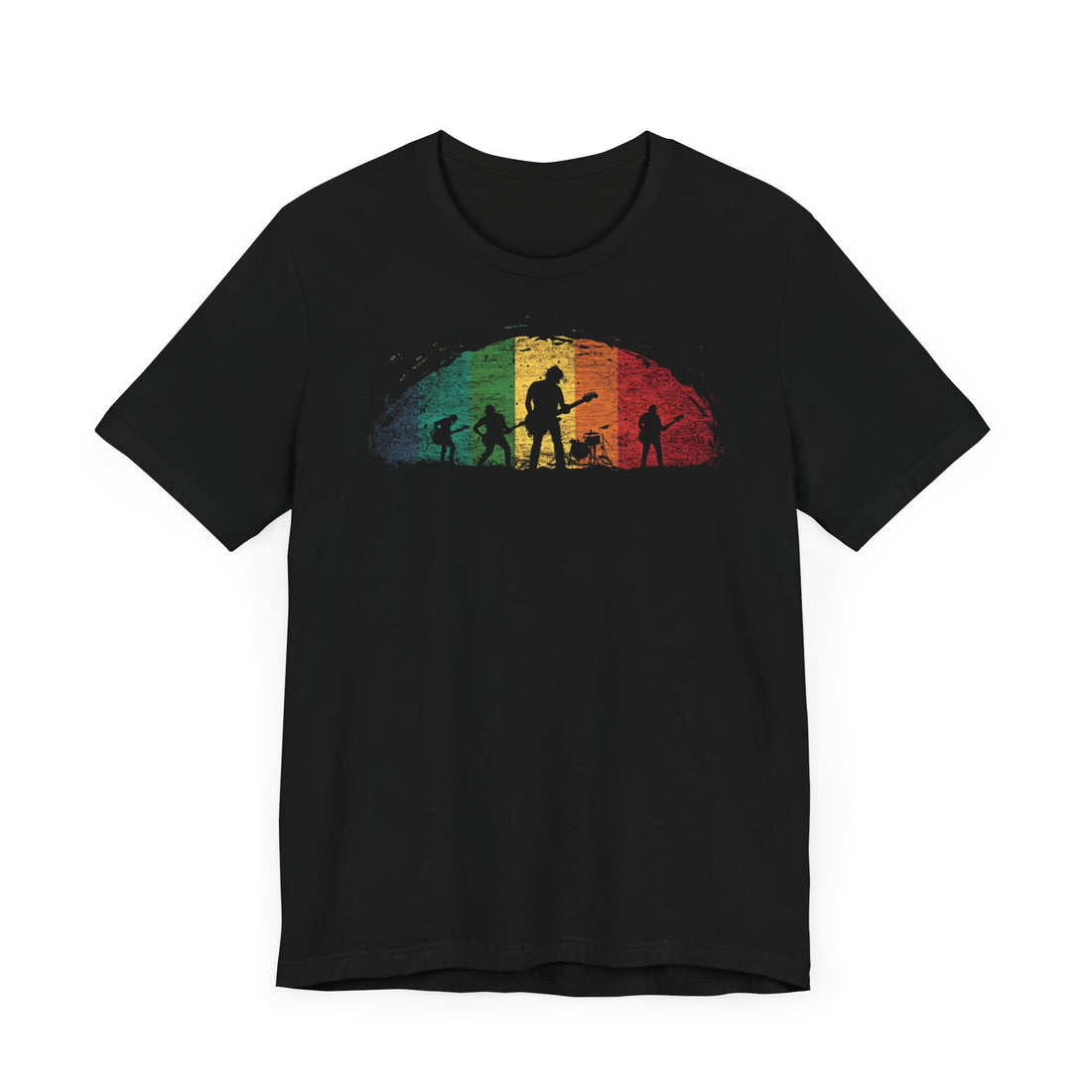 Retro Band Silhouette T-Shirt | Black Cotton Unisex Tee with Rainbow Music Design | Perfect for Concerts & Music Enthusiasts